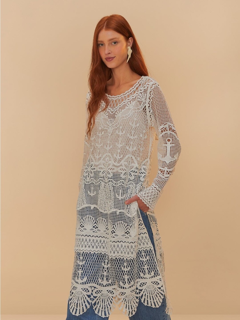 FARM RIO by Anthropology Crochet Lace Longline Tunic Dress in Ivory NWT size S